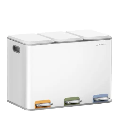 SONGMICS Home Mülltrennsystem, 3 Fächer à 15 L, Abfalleimer mit Deckeln und Inneneimern, wolkenweiß