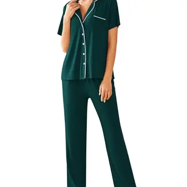 Ekouaer Damen Schlafanzug Kurzarm Pyjamas Set Sommer Loungewear Dunkelgrün S