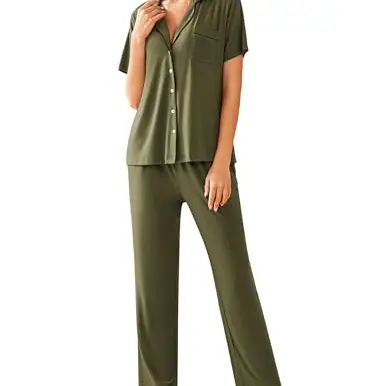 Ekouaer Damen Schlafanzug Set Kurzarm Pyjama mit Taschen V-Ausschnitt Loungewear, Armeegrün, M