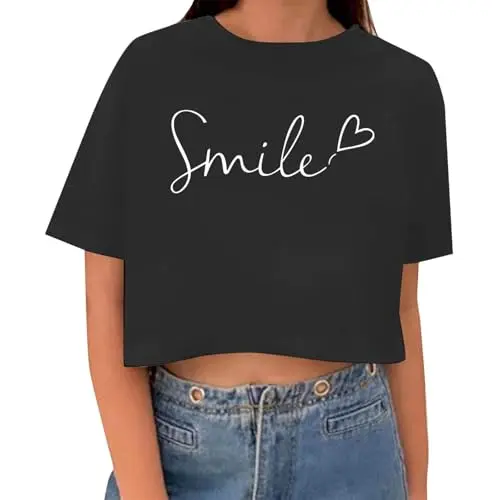 Damen Baumwoll Crop Top Schwarz, Oversize Rundhals Kurzarm Shirt für Sommer, M