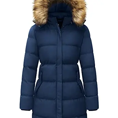 WenVen Damen Wintermantel Pufferjacke mit Kunstpelz Kapuze, Navy, M