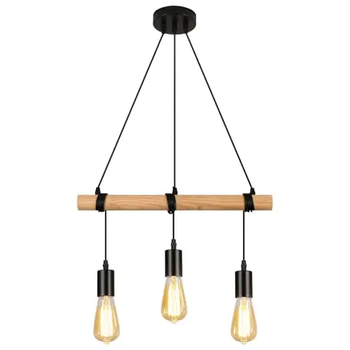 FORCOSO Pendelleuchte 3-flammig - Vintage Hängelampe Holz Schwarz für Wohnzimmer, Schlafzimmer, Küche