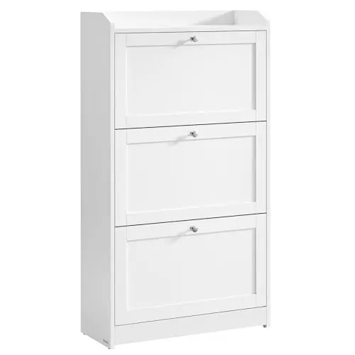 VASAGLE Schuhschrank mit 3 Klappen, für bis zu 18 Paar Schuhe, wolkenweiß, 24 x 60 x 108 cm