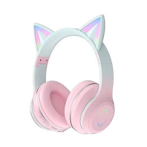 Usoun Bluetooth-Kopfhörer mit Katzenohren und LED-Licht, kabellos/verkabelt, faltbar, für Kinder und Erwachsene (grau-rosa)