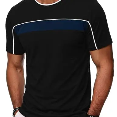 Quoboquo Herren T-Shirt Kurzarm, Baumwollshirt mit Kontrast-Streifen, Hautfreundlich, Weich, Regular Fit