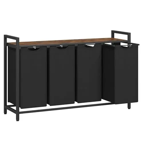 VASAGLE Wäschekorb 4 Fächer, Wäschesammler mit Ablage, Schwarz-Vintagebraun