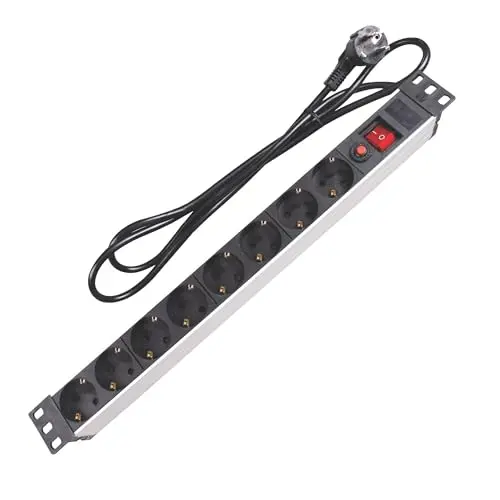 Perel PDU-Steckdosenleiste mit 8 Schuko-Steckdosen und Überspannungsschutz, 2,15 m Kabel, 3680 W für 19-Zoll-Rack und Büro