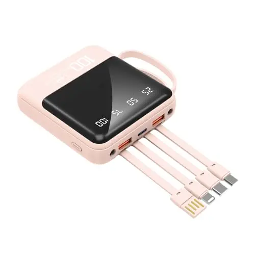 Tragbares 10000mAh Powerbank mit Kabeln und Taschenlampe - Kompatibel mit iPhone, Samsung, Google und mehr (Rosa)