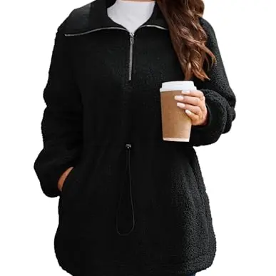 CURLBIUTY Damen Pullover mit Halbem Reißverschluss, Teddyfleece, Schwarz, XL