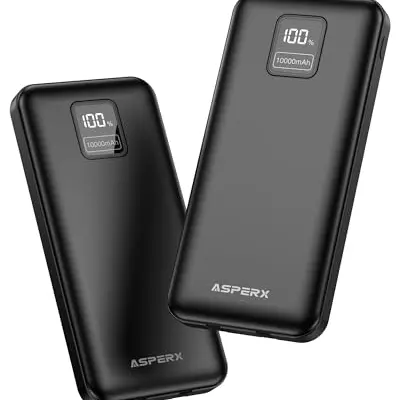 AsperX Power Bank 2er Set: 10000mAh Slim Externe Handyakkus mit USB-C Kabel und LED-Display, kompatibel mit Smartphones