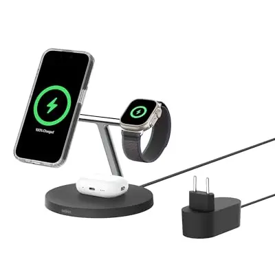 Belkin BoostCharge Pro 3-in-1 Qi2 kabelloses Ladegerät, MagSafe, für iPhone 17/16, Apple Watch und AirPods – Schwarz