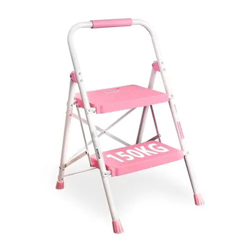 BONTEC Klappbare Trittleiter 2 Stufen, Rutschfeste Pedale, Faltbarer Stahl-Tritthocker, Rosa