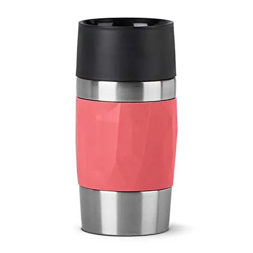 Emsa Travel Mug Compact Edelstahl 0,3 Liter - 360° Trinköffnung, auslaufsicher, BPA-frei, spülmaschinengeeignet - Korallenrot