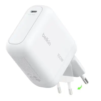 Belkin BoostCharge USB C Ladegerät, 100W, Kompaktes GaN Schnellladegerät mit Klappstecker – Weiß