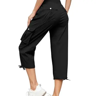 Damen 3/4 Cargohose Sommer Capri Jogginghose mit 6 Taschen (Schwarz, M)