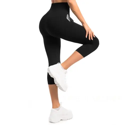 Sanpetix Capri Leggings Damen mit Taschen für Yoga - Schwarz, 3/4 Länge