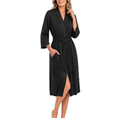 NY Threads Damen Baumwollmix Bademantel, leicht, Kimono, Nachtwäsche, Morgenmantel, schwarz, Größe S
