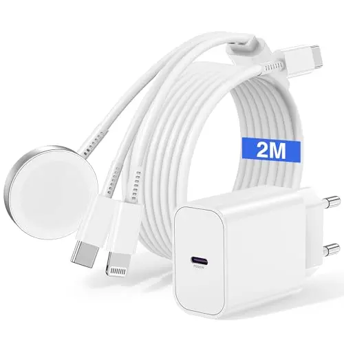 3-in-1 Ladekabel für Apple Watch und iPhone mit USB-C Ladegerät, 2m - kompatibel mit iPhone 16/15/14 Pro Max/Plus und iWatch Series