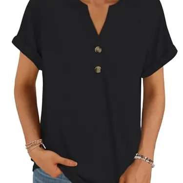 Cuptacc Damen T-Shirt kurzarm V-Ausschnitt, casual, einfarbig, oversize, leicht, schwarz, Größe M
