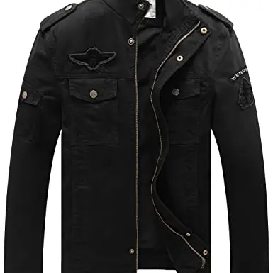 WenVen Herren Klassische Military Jacke Stehkragen Schwarz L
