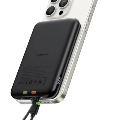 Charmast Mini Powerbank 10000mAh mit integriertem Ladekabel - tragbares Ladegerät für iPhone und USB C - kompatibel mit iPhone 14/13/12