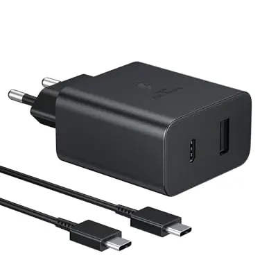 Samsung 35W Ladegerät, Dual-Port USB+C, mit USB-C Kabel, kompatibel mit Galaxy S25/S24/S23/S21/Note 20/A53/A52/A72, Tab S8+
