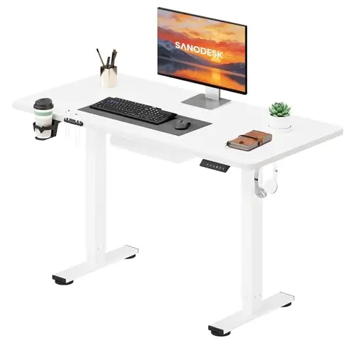 SANODESK Höhenverstellbarer Schreibtisch – Kompakter Stehschreibtisch für kleine Räume, leise & sicher (Weiß)