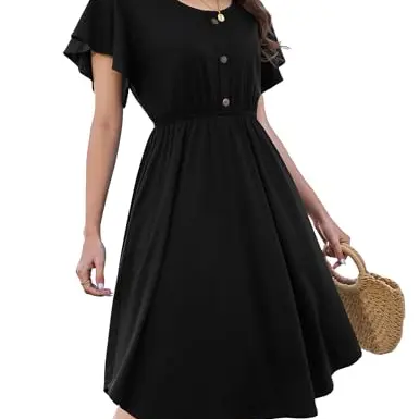 Beluring Damen Sommer Kleid Kurzarm A-Linie Midikleid Schwarz