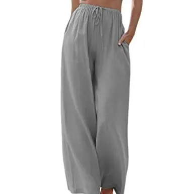 Imuedaen Damen Leinenhose Sommer Hohe Taille mit Tunnelzug und Taschen (A Grau, S)