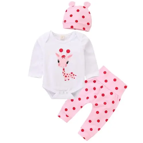Baby Langarm Strampler mit Giraffe + Polka Dot Hosen + Hut (6-12 Monate, Weiß/Pink)