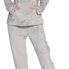 Lovasy Fleece Schlafanzug Damen Winter Lang Pyjama Set mit Kapuze und Taschen, A-Grau, XXL