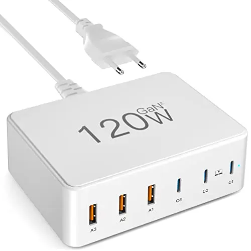 USB C Ladegerät 120W 6-Port Schnellladegerät mit 3 USB-C und 3 USB-A für MacBook Pro, iPhone, iPad, Samsung