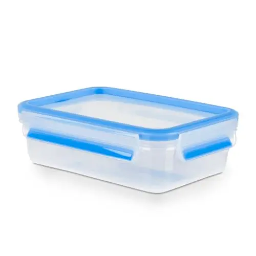 EMSA Clip & Close Frischhaltedose, rechteckig, 0,8 L, mit Deckel, 100 % dicht, spül-, gefrier- und mikrowellenfest, Transparent, Blau
