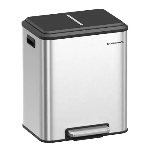 SONGMICS Mülleimer für die Küche, 2 x 15 l, Edelstahl, mit Pedal und sanftem Verschluss, ideal für Recycling und Haushaltsabfälle, silber
