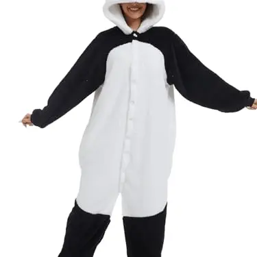 Einteiliger Schlafanzug für Damen - Kuscheliger Fleece Jumpsuit mit Kapuze (Schwarz, XL)