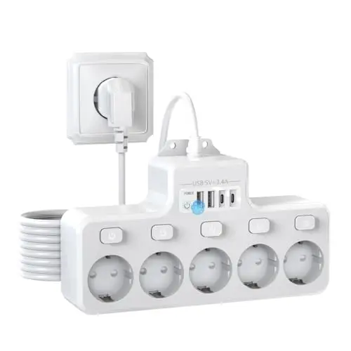 Energiesparende Steckdosenleiste mit 5 Anschlüssen und 2 USB-Anschlüssen, Wandmontage, 1,8 m Kabel