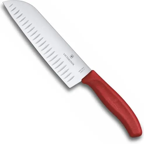 Victorinox Swiss Classic Santokumesser, 17 cm, mit Kullenschliff, roter Kunststoffgriff