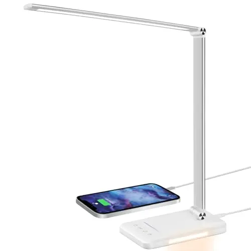 LED-Schreibtischlampe mit 5 Farben, 10 Helligkeitsstufen, dimmbar, USB-Ladefunktion, Nachtlicht, Speicherfunktion, Silber