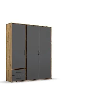 Rauch Möbel Voyager 3-türiger Kleiderschrank Grau/Eiche, 2 Schubladen, inkl. Kleiderstange, BxHxT 140x194x53 cm