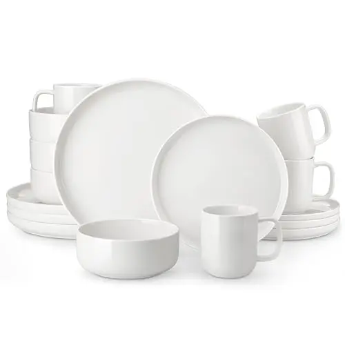 MALACASA Geschirrset 4 Personen, 16-teilig, weißes Porzellan, Tafelservice mit Tellern, Müslischalen und Kaffeetassen