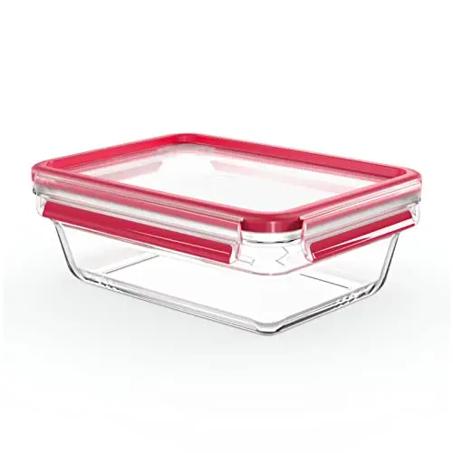 EMSA Clip & Close Glas Frischhaltedose, rechteckig, 1,3 L, 100% dicht, rot-transparent, spülmaschinen- und mikrowellenfest