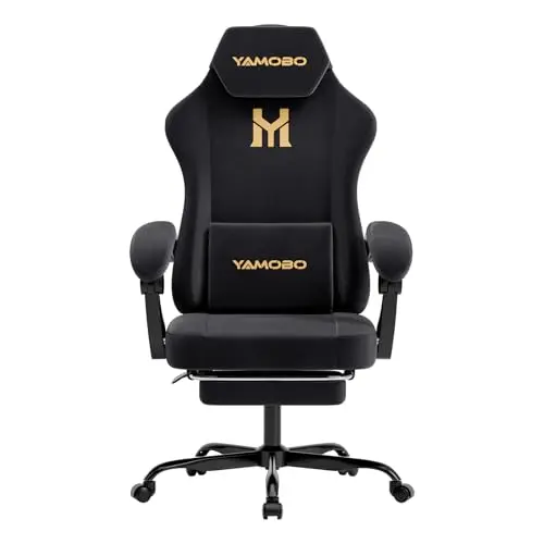 YAMOBO Gaming Stuhl Stoff mit Fußstütze & Massage-Lendenkissen, 150 kg belastbar, Bürostuhl, Schwarz