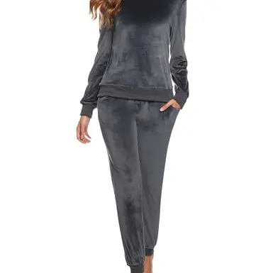 Wayleb Damen Schlafanzug Set Lang Samt Loungewear Freizeitanzug Herbst Winter Grau L