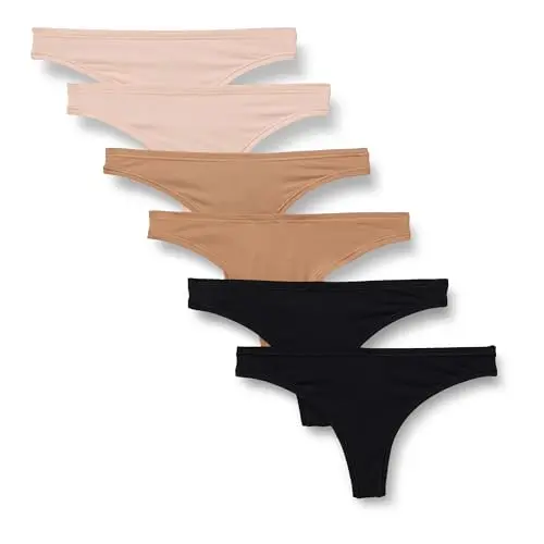 Amazon Essentials Damen Tanga, 6er-Pack in Peach, Bronze, Blütenblatt, Schwarz, Größe 40