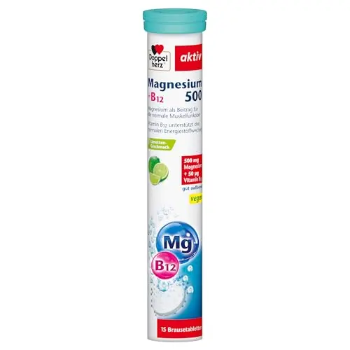 Doppelherz Magnesium 500 + B12 Brausetabletten mit Limetten-Geschmack, vegan, 15 Stück zur Muskelfunktion