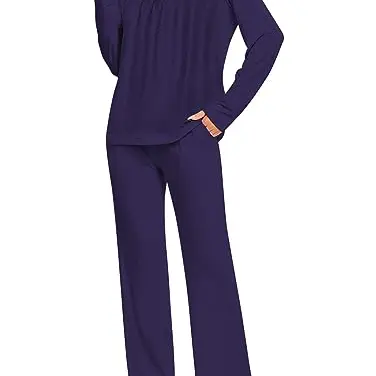 Famulily Damen Winter Pyjama Set Langarm mit Taschen, marineblau, S