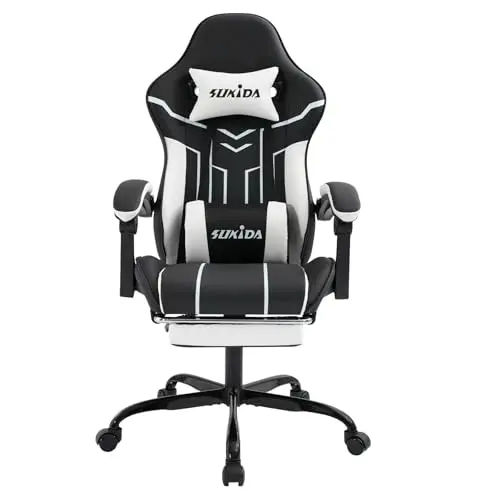 SUKIDA Ergonomischer Gaming Stuhl mit Fußstütze – Black/White