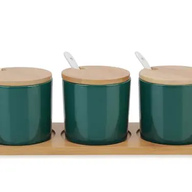 Chase Chic Gewürzbehälter Set, Keramik mit Bambusdeckel und Löffel, 690ml, Grün
