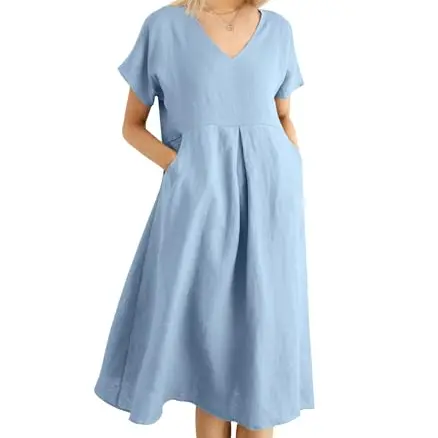 Sommerkleid Damen Leinen V-Ausschnitt Kurzarm A-Linie mit Taschen (Hellblau, M)