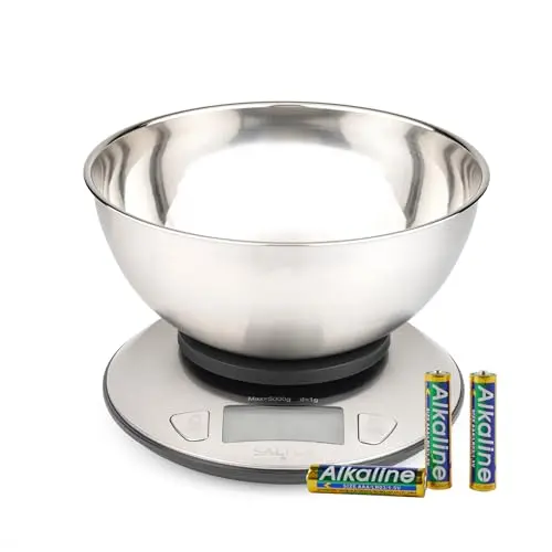 Salter Küchenwaage mit Schüssel - 5kg Max. Kapazität, 2l Edelstahl-Schüssel, LCD-Bildschirm, ideal zum Kochen und Backen